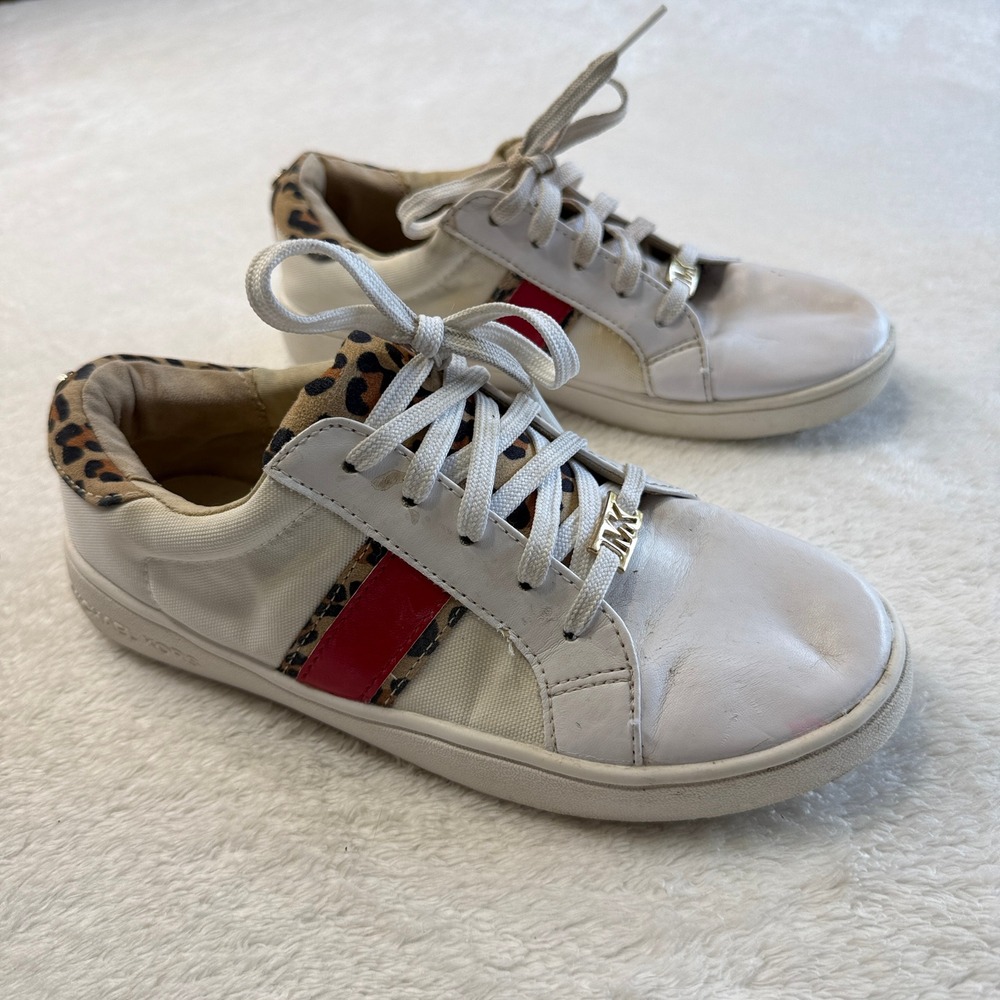 Michael Kors Jem Addy Low Top Sneakers White Red Leopard Trim Lace Up Size 4Y